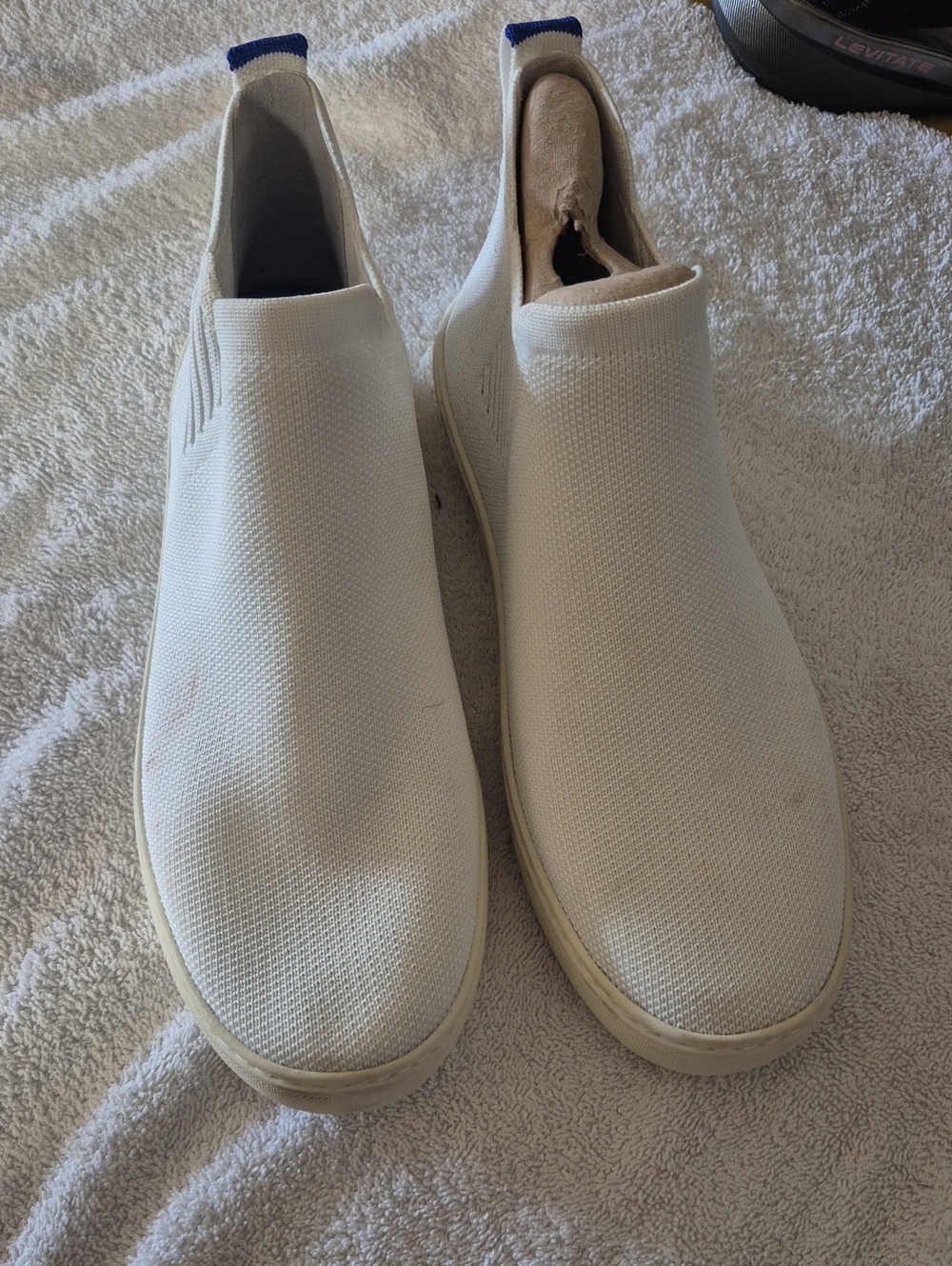 Rothy's White Knit Slip-On Ankle Booties with Blue Pull Tabs